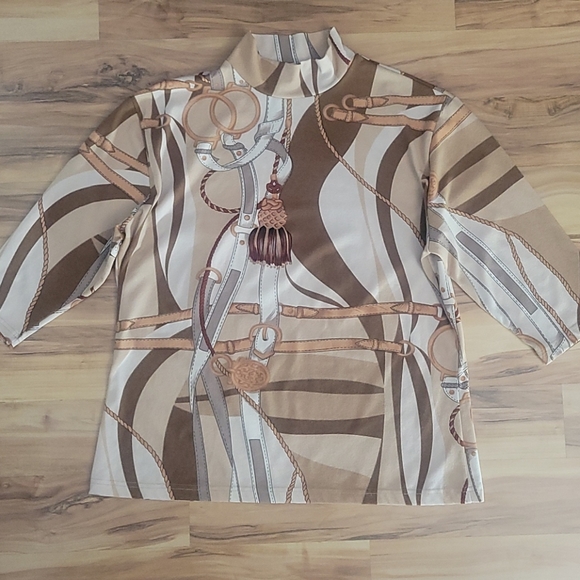 VTG 70s 80s Trompe l' Oeil Equestrian Print Top Med Old Money Preppy Maximalist - Picture 2 of 16